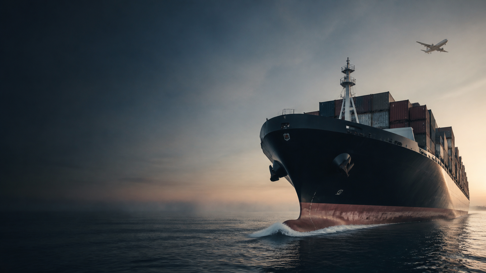 Container ship and cargo aircraft at sea